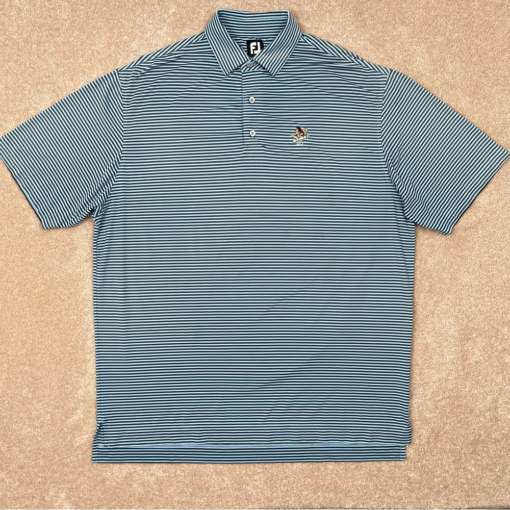 Footjoy Shirt XL Blue Stripes Polo Embroidered Native American Golf Logo Men